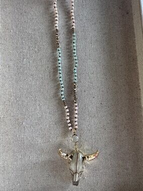 Handcrafted Turquoise & Pink Beaded Bull Skull Pendant Necklace.  34 inches